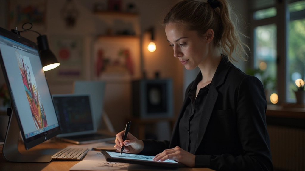 Grafisch ontwerper werkt aan digitaal kunstwerk op grafisch tablet